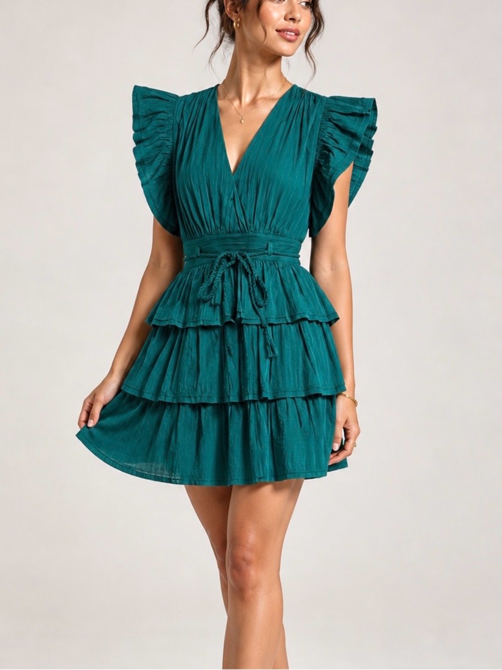 Ulla Johnson Teal Green Tiered Ruffle Mini Dress Designer Cotton Boho Resort 6